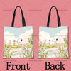 A light blue cartoon illustration of Snoopy on a tote bag, featuring pink flowers and greenery.