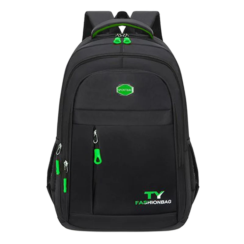 Black unisex double-shoulder travel backpack with green accents.