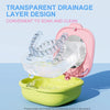 A pink denture storage box with a transparent drainage layer and a clear denture is shown above a yellow tray.