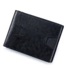 A black slim leather wallet with RFID blocking features shown from the side.