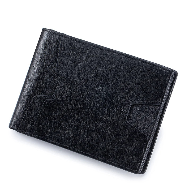 A black slim leather wallet with RFID blocking features shown from the side.