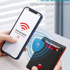 A hand holds a smartphone scanning an RFID-blocking wallet to secure personal data.