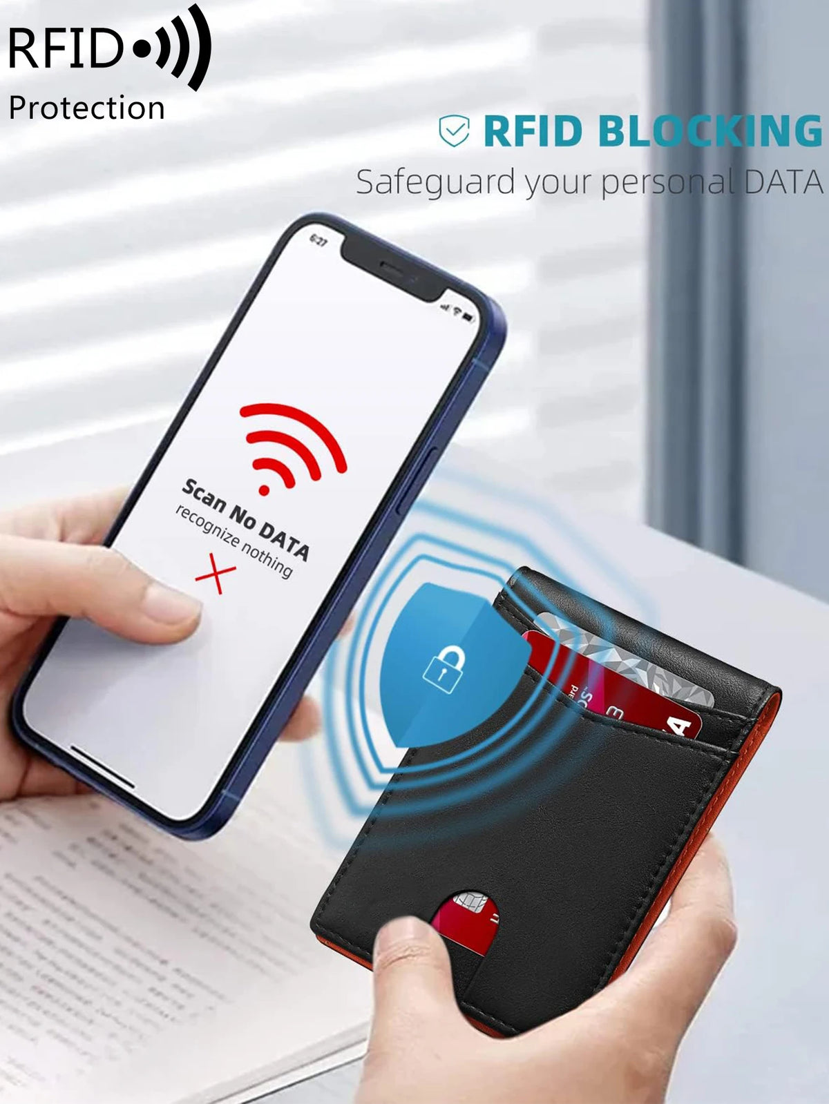 A hand holds a smartphone scanning an RFID-blocking wallet to secure personal data.