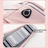 Close-up of a pink multi-use waist pack showing the earphone jack position and a lightweight buckle strap.