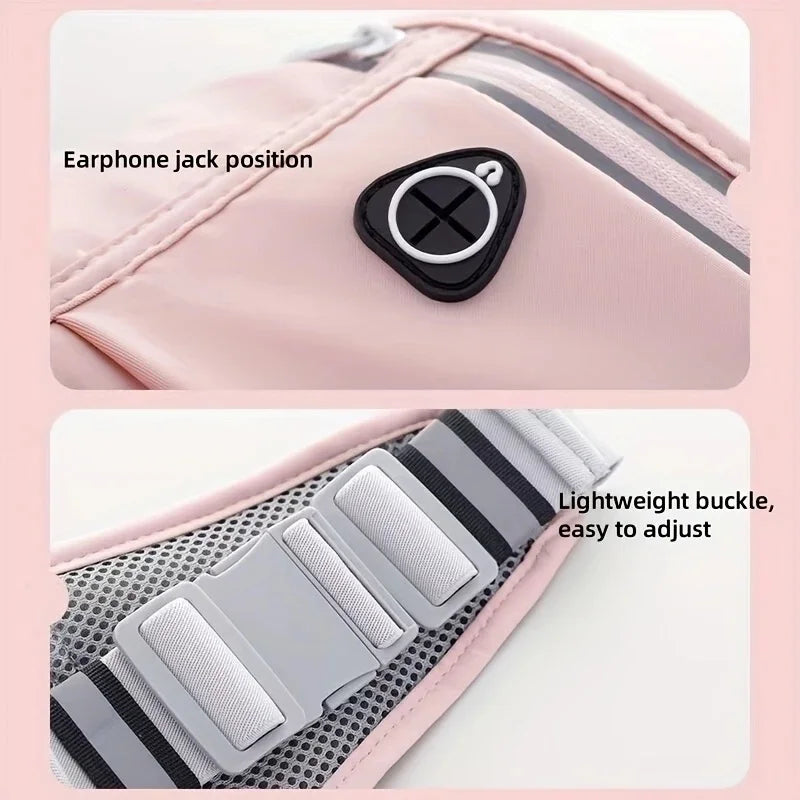 Close-up of a pink multi-use waist pack showing the earphone jack position and a lightweight buckle strap.