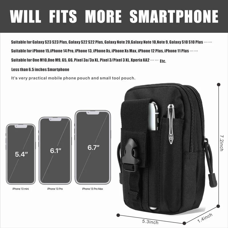 Black tactical utility pouch for smartphones with a MOLLE strap and various phone sizes shown.