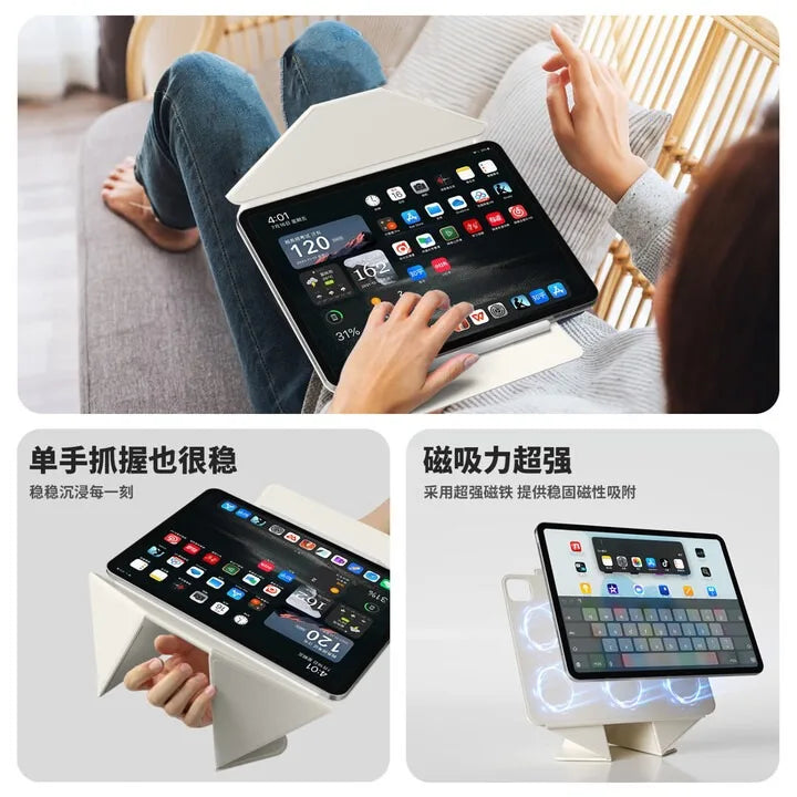 Magnetisches Smart-Etui für ein iPad in Gebrauch, das seine Funktionen demonstriert.