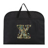 Black fabric dust cover and storage bag with a gold ornate letter X embroidered on it