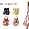 A woman models a collection of geometric colorblock knitted bucket bags in various colors and patterns.