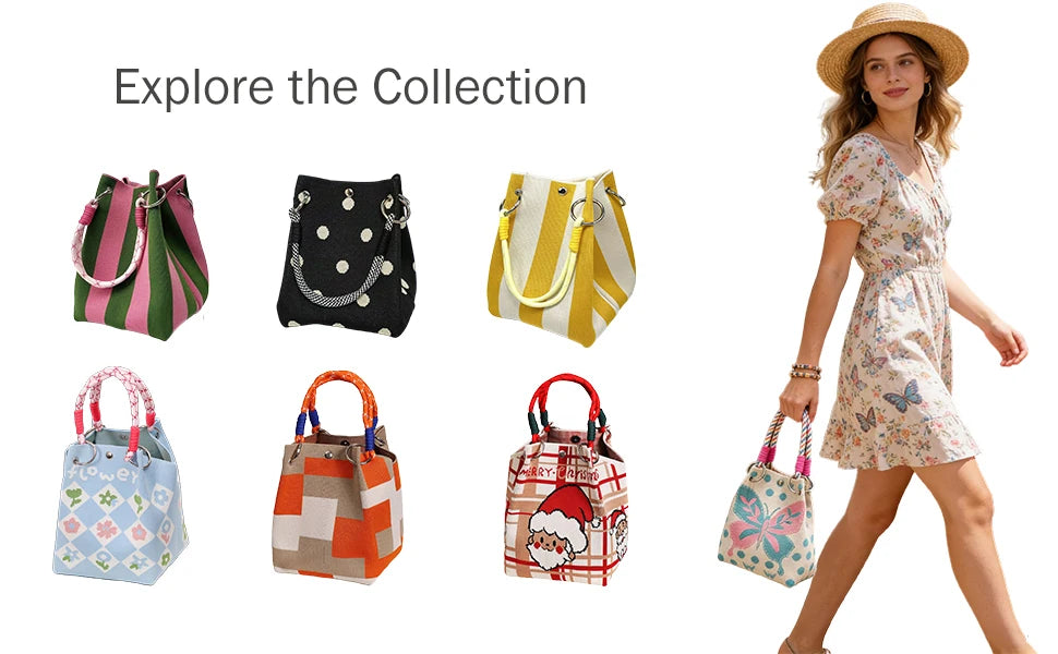 A woman models a collection of geometric colorblock knitted bucket bags in various colors and patterns.