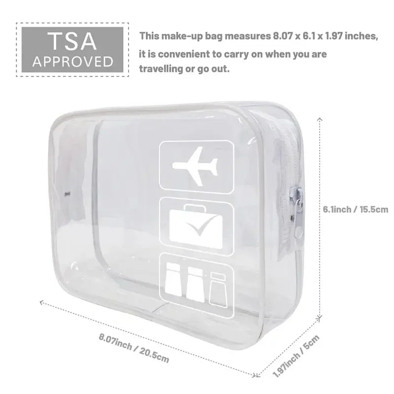 A clear plastic make-up bag measuring 8.07 x 6.1 x 1.97 inches with icons for travel and toiletries.