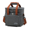 A gray insulated double-layer lunch bag with brown straps and a separate front pocket.