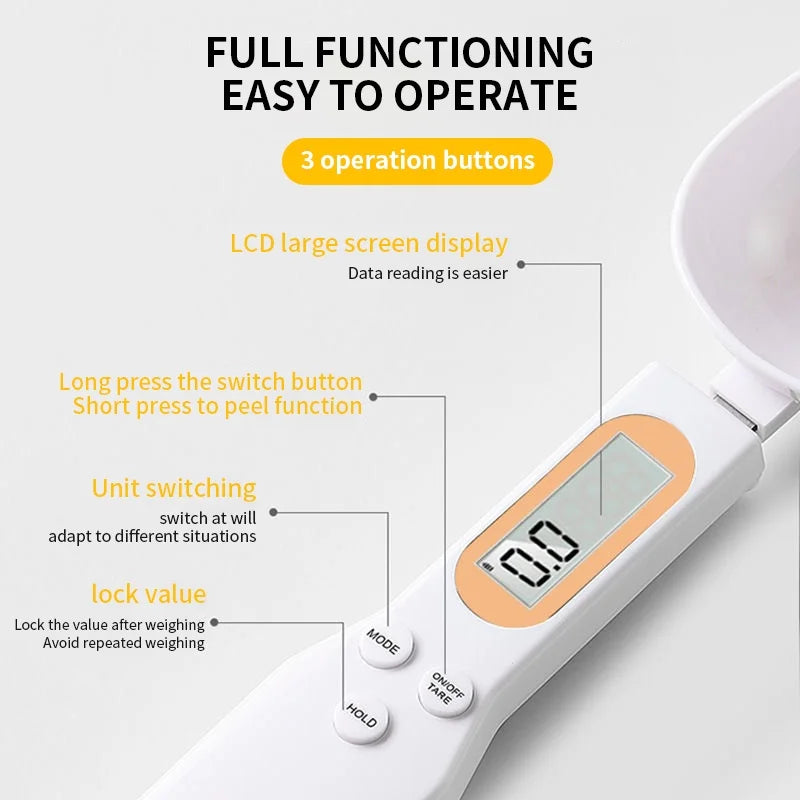 A white digital kitchen scale with a large LCD display and three operation buttons is shown for weighing ingredients.