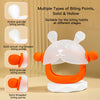 White teether shaped like a bunny with various types of biting points including hollow, solid, ring-shaped, granular, and thr