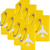 A set of five yellow silicone luggage tags with silver clasps and white airplane icons.
