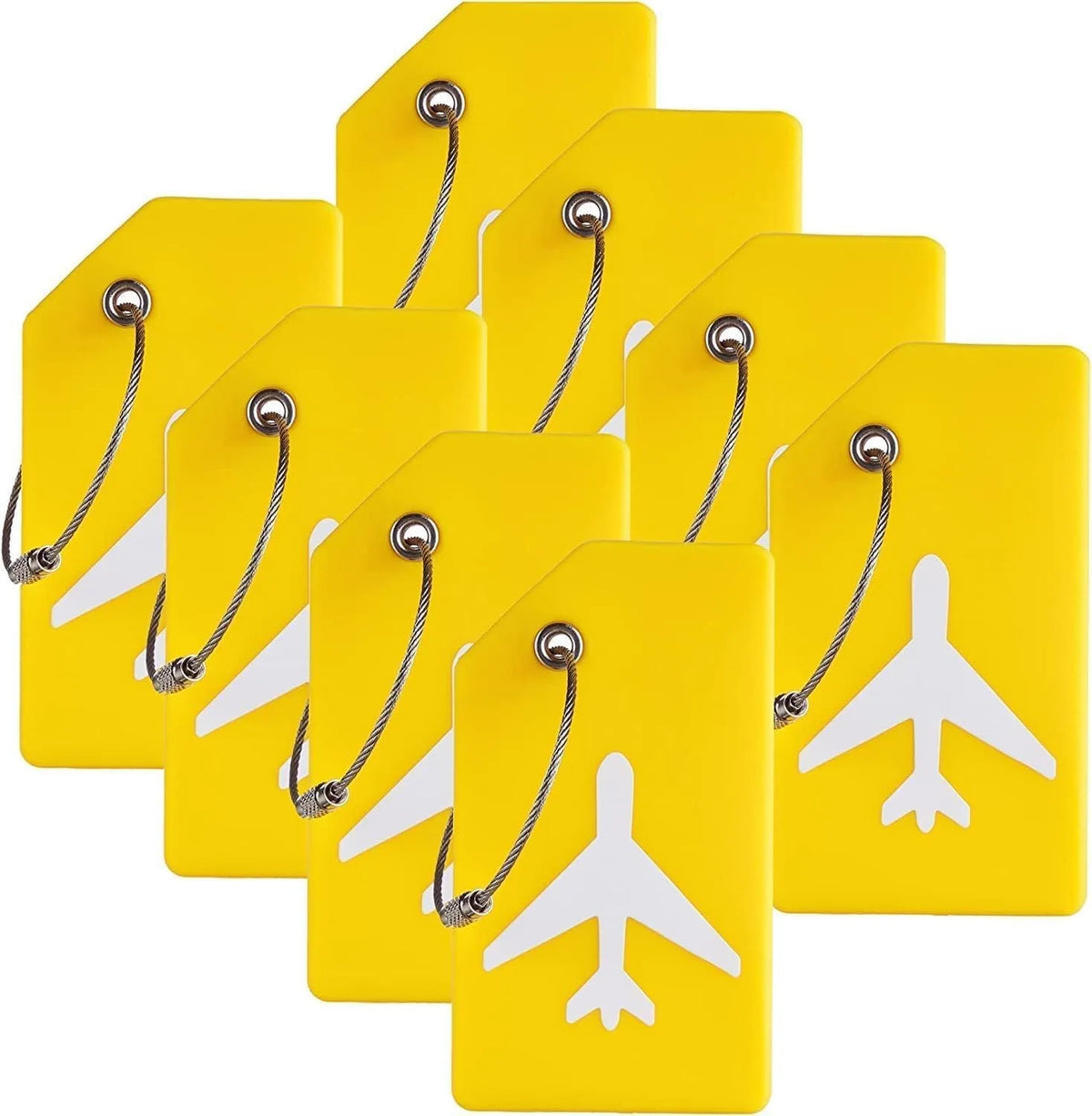 A set of five yellow silicone luggage tags with silver clasps and white airplane icons.