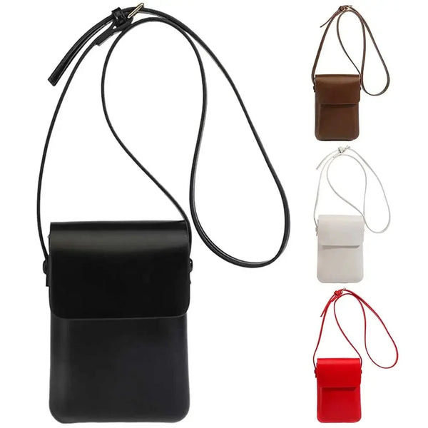 A vintage brown leather crossbody bag with adjustable straps shown in various colors.