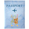 Light blue passport card holder featuring a vintage letter print design with a blue airplane and a teddy bear.