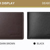 Two versions of a men's PU leather folding wallet in dark brown and black colors.