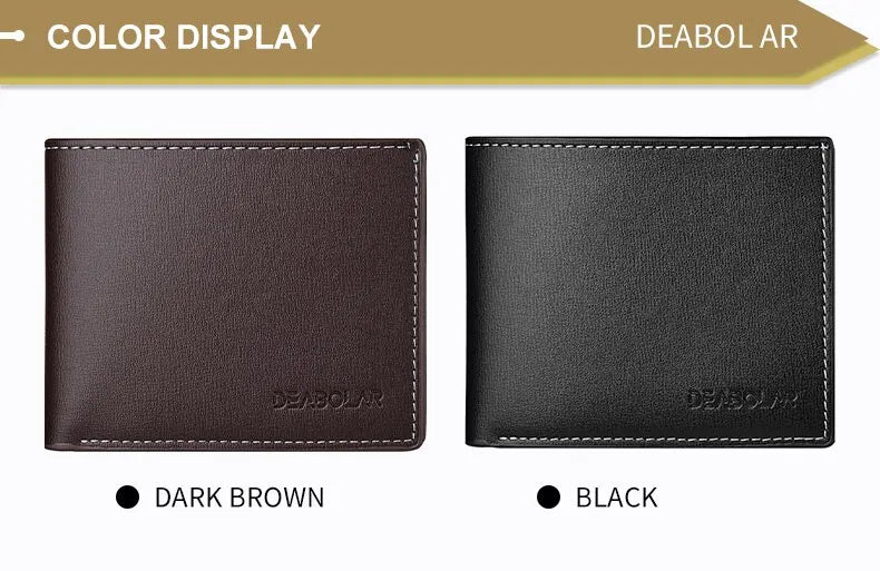 Two versions of a men's PU leather folding wallet in dark brown and black colors.