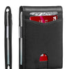 A plain black slim minimalist RFID blocking card wallet shown next to a single card.