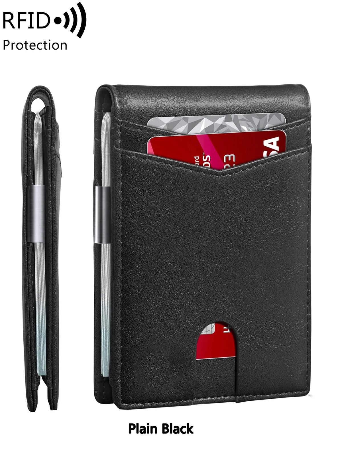 A plain black slim minimalist RFID blocking card wallet shown next to a single card.
