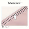 Detail display of a pink silk zipper on a multi-use waist pack.