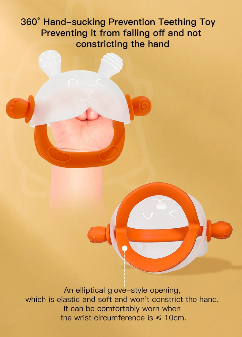 An orange and white teether shaped like a bunny, designed to prevent falling off the hand.