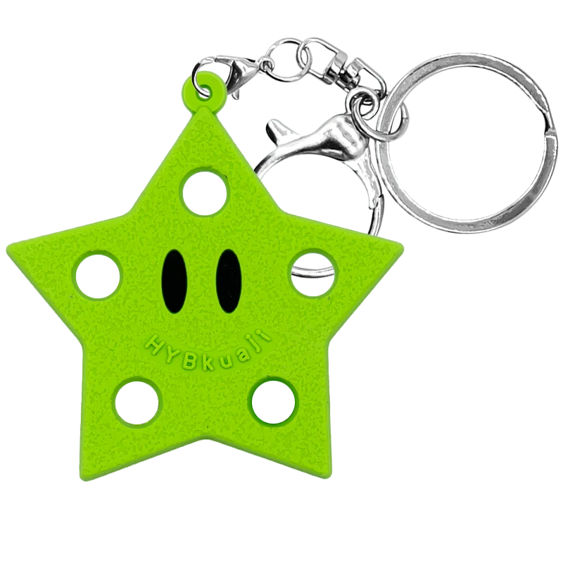 Porte-clés en forme d'étoile vert lime silicone brillant avec anneau à cliquet argenté.