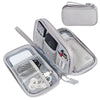 A silver mesh storage bag for organizing and protecting cables and small electronic accessories.