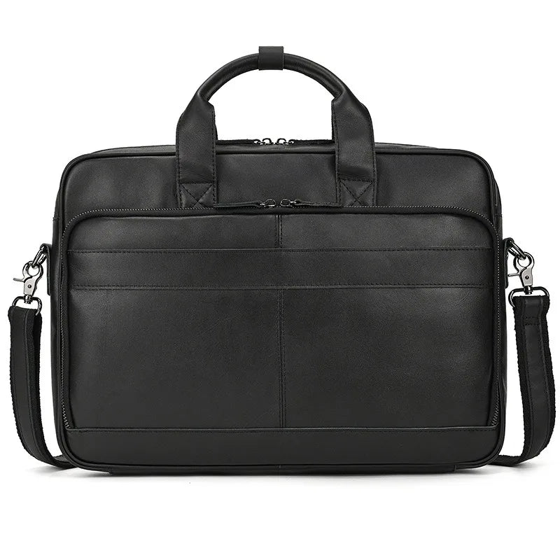 Black vintage genuine leather briefcase with a handle and shoulder strap.