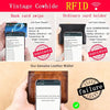 A genuine leather wallet is shown with an NFC reader attempting to read a bank card, resulting in a failure.