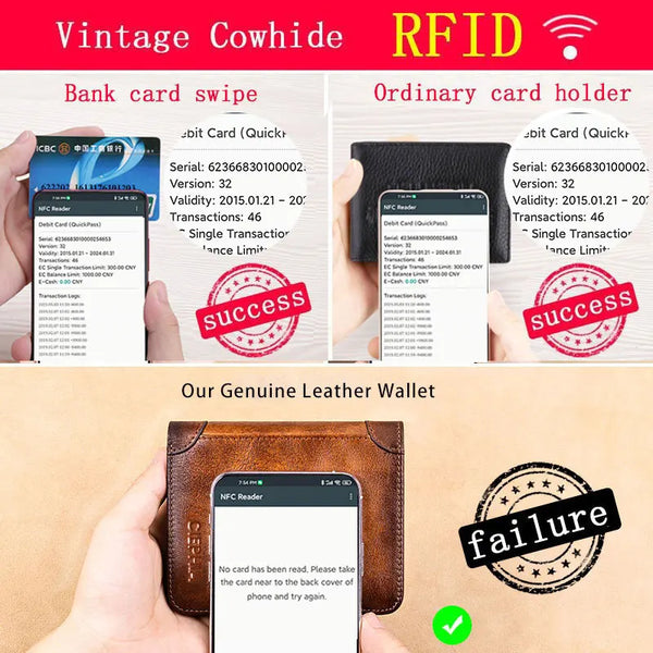 A genuine leather wallet is shown with an NFC reader attempting to read a bank card, resulting in a failure.