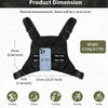 Black tactical chest rig vest bag shown with dimensions and usage examples like climbing, fishing, traveling, running, and cy