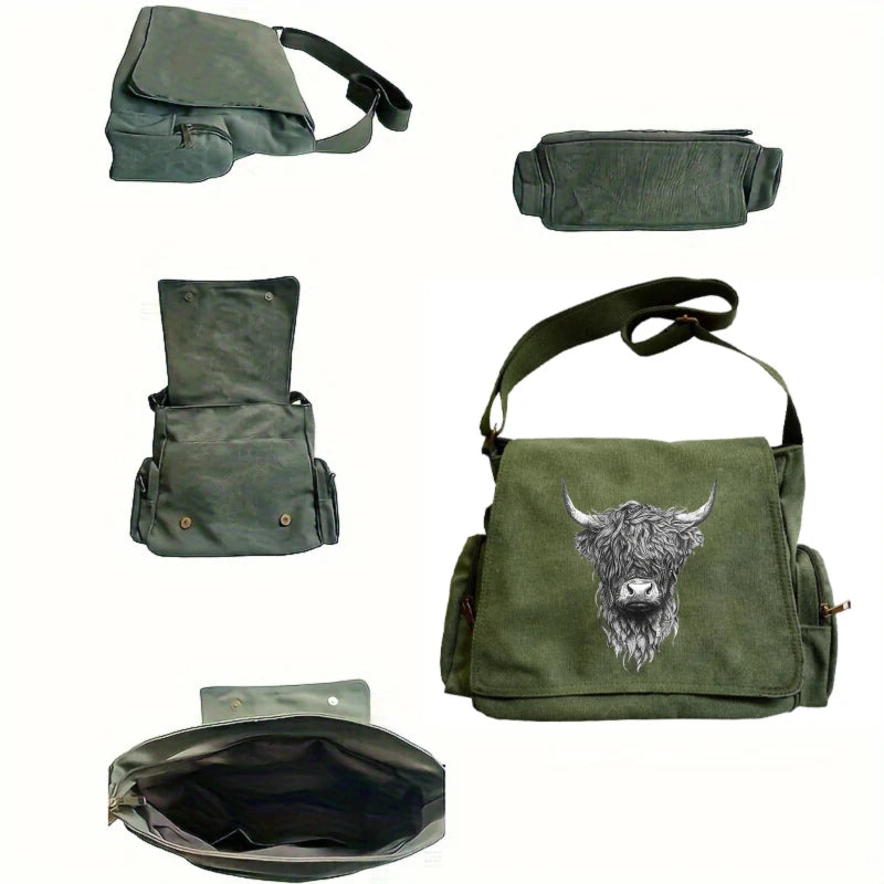 Un ensemble de sacs messagers et poches vintage à imprimé vache vert olive pour ordinateur portable et usage quotidien.