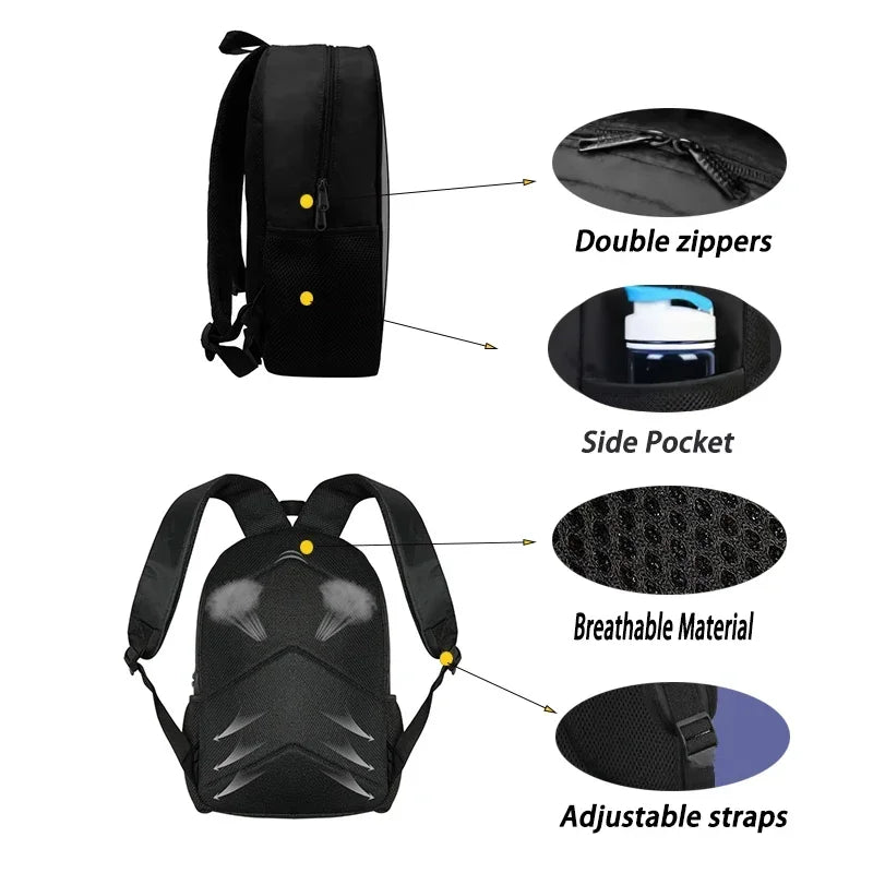 Black durable cartoon sports backpack for kids showing double zippers, side pocket, breathable material, and adjustable strap