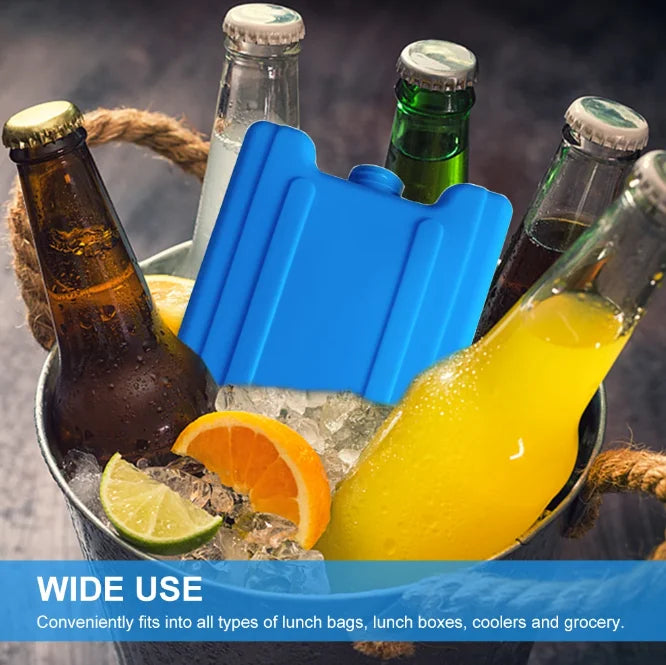 A blue reusable ice pack is shown next to various beverages and citrus fruits in a lunch bag context.