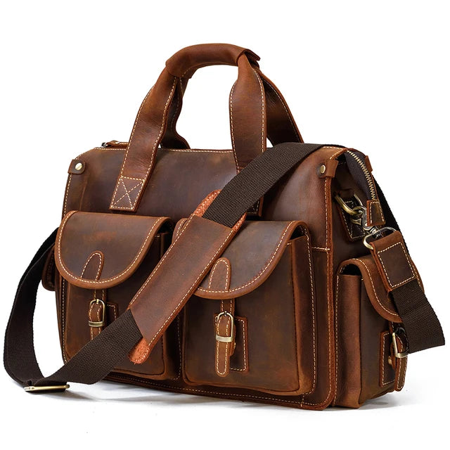 A brown genuine cowhide leather briefcase with leather straps and pockets.