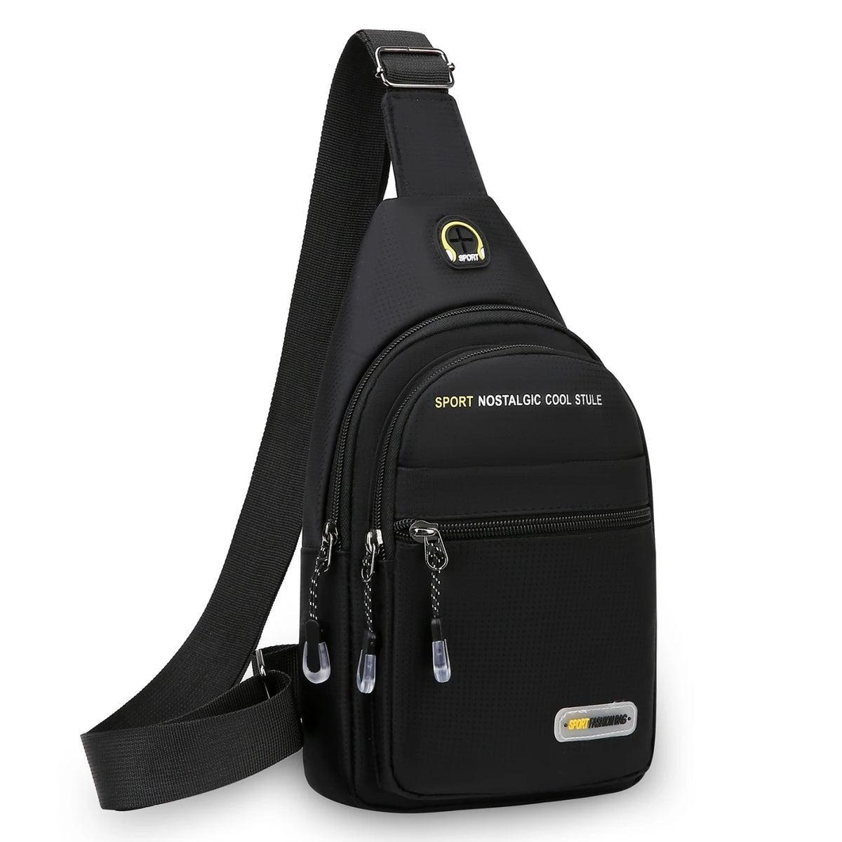 Black men's casual multi-pocket shoulder bag with a strap and gold accent.