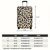 A black suitcase with a leopard print protective luggage cover shown from the front.