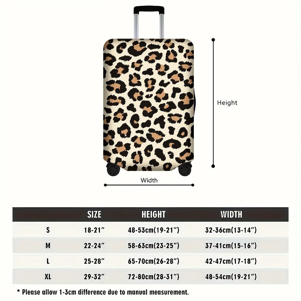 A black suitcase with a leopard print protective luggage cover shown from the front.