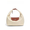 A beige nylon dumpling crossbody shoulder bag with brown leather trim and a chain strap.