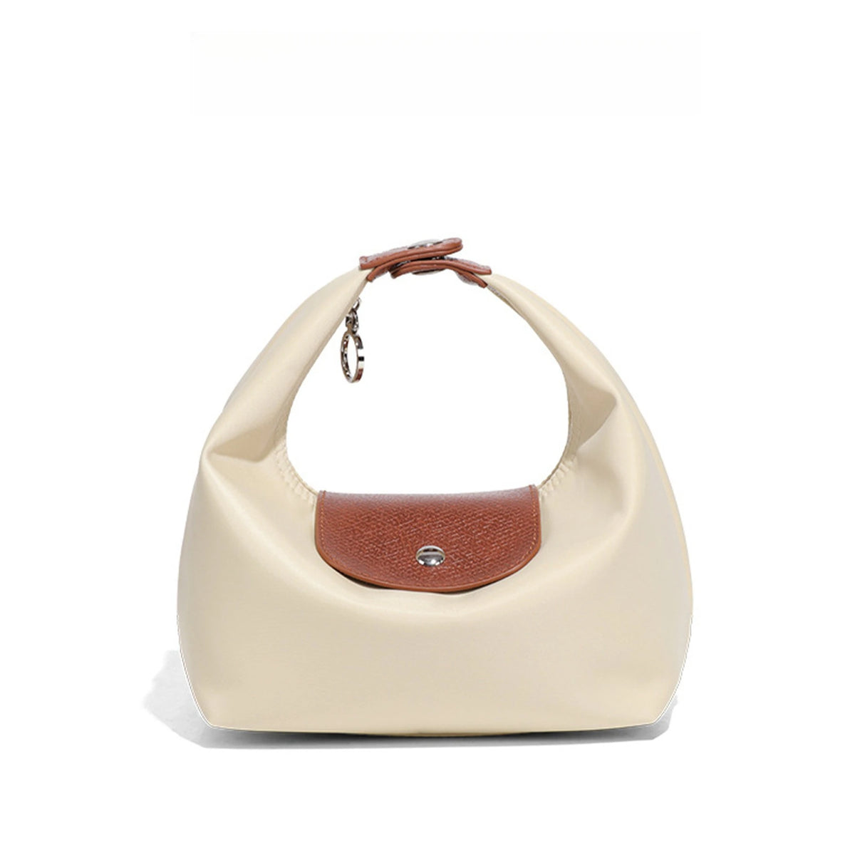 A beige nylon dumpling crossbody shoulder bag with brown leather trim and a chain strap.