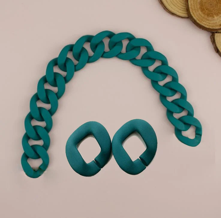 A teal acrylic chunky chain shoulder strap is displayed against a light background.