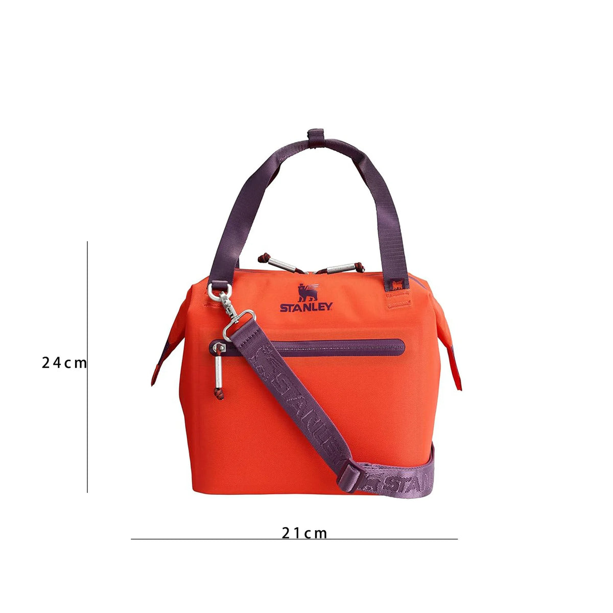 Orange insulated cooler lunch bag with a purple detachable crossbody strap