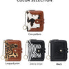 A collection of brown, black, and red leather wallets featuring various patterns like cow print and leopard print.