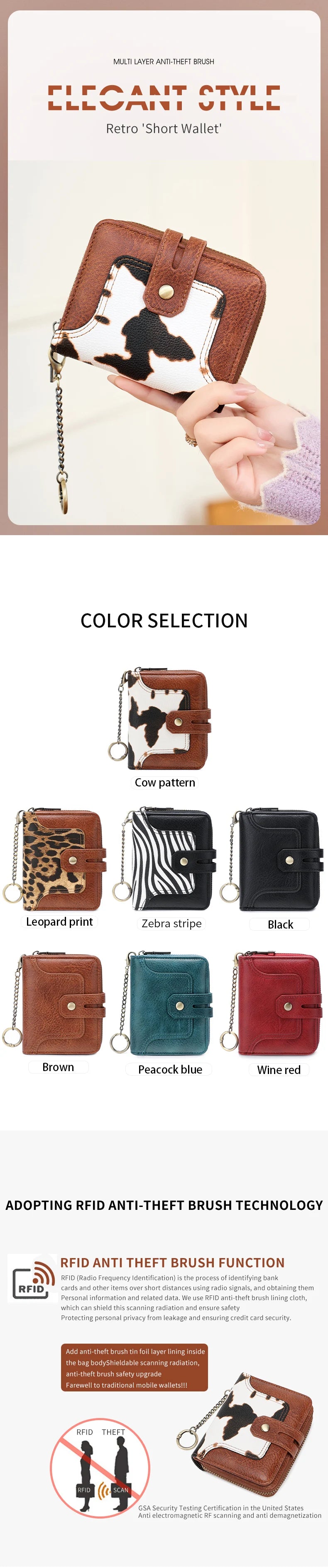 A collection of brown, black, and red leather wallets featuring various patterns like cow print and leopard print.