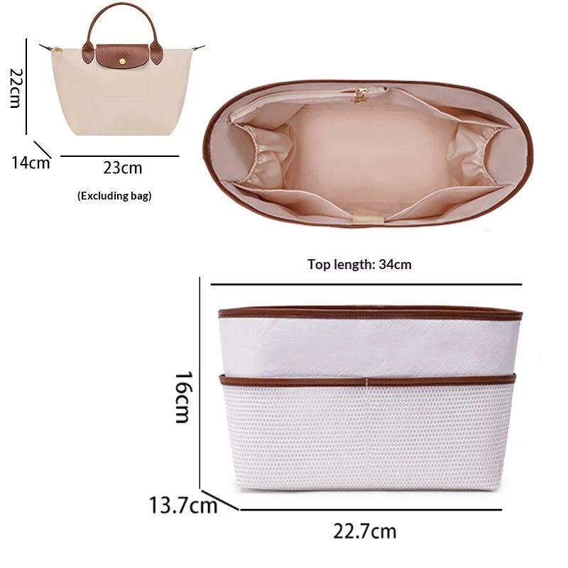 A beige tote bag organizer insert with a laptop sleeve shown in various dimensions and an open view of the interior.