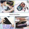 A multi-function leather pencil case shown in various uses including for school and office settings.