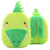 A bright lime green cartoon dinosaur plush backpack with a spiky crest and a triangular snout.